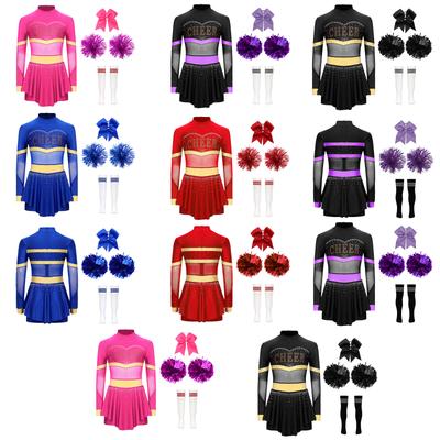 Meisjes Cheerleader Kostuum Lange Mouw Diamanten Dans Jumpsuit Cheerleading Handbloem Strik Haarbandjes