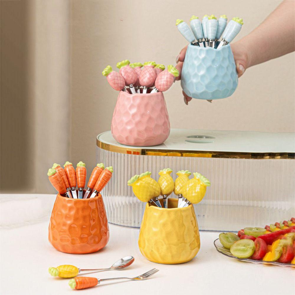 Pineapple Carrot Ceramic Fruit Forks Set Ins Style Creative Dessert Forks with Storage Jar Home Decoration Household