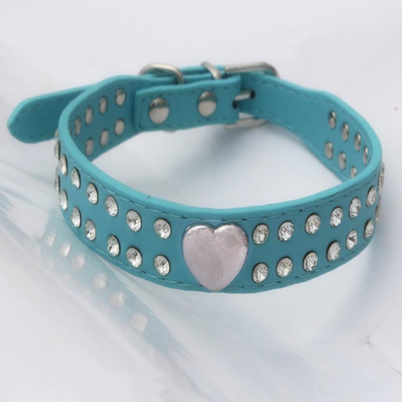 

Pet collar Double row rhinestone smooth love zinc alloy accessories PU leather dog traction collar XXS 25*2.0(CM) синий