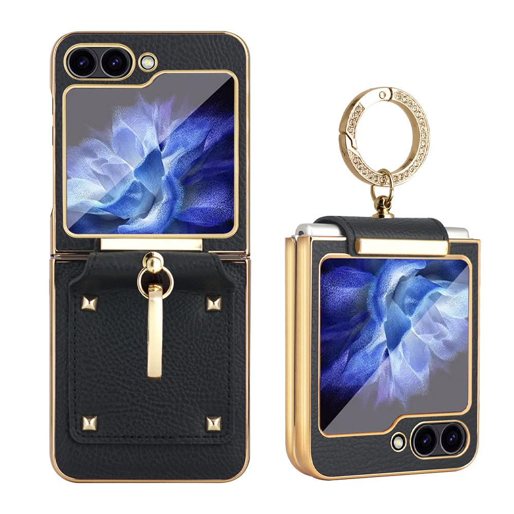 Glitter Diamond Rings Leather Plating Phone Case for Samsung Z Flip 6 5 4 3 Flip6 Flip5 Luxury Shockproof Protective Back Cover