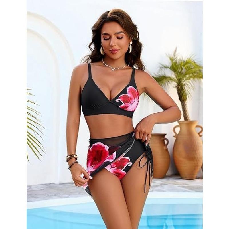 2026 New Women Printed 3-Piece Bikini Set, Stylish Printed Swimwear for Beach Vacation S чёрный