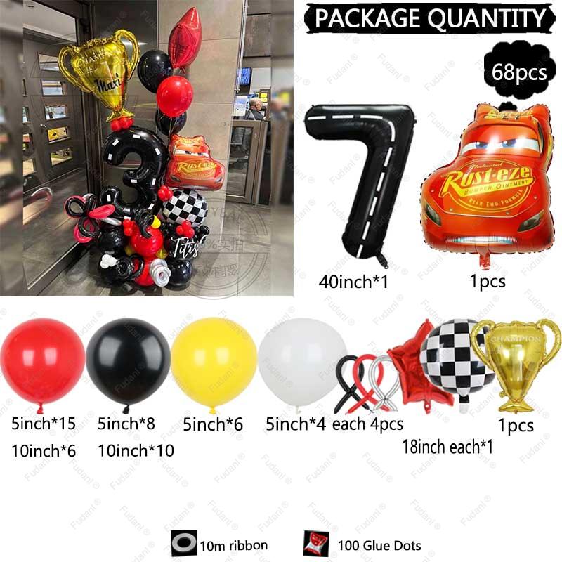 68PCS Cartoon Cars Series Lightning McQueen Red Yellow Black Latex Balloon Set 40inch Number Foil Ball Boy Birthday Party Favors