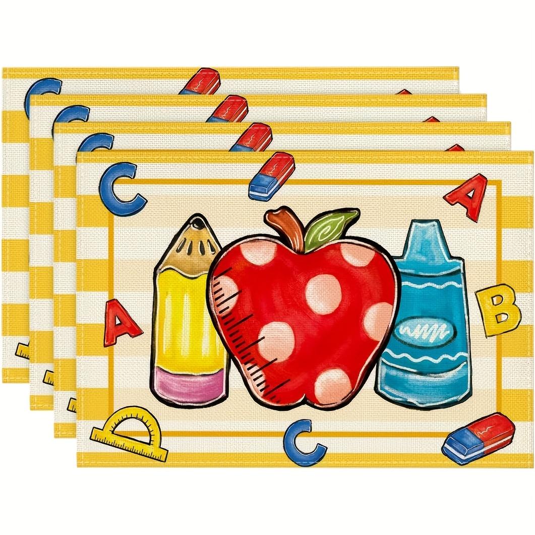 

4//86pcs Colorful School Supplies Apple Pencil ABC Placemat Linen Non Slip Table Mat For Kids Dining Decor Teacher Gift 4Pcs-30X45cm(12X18in