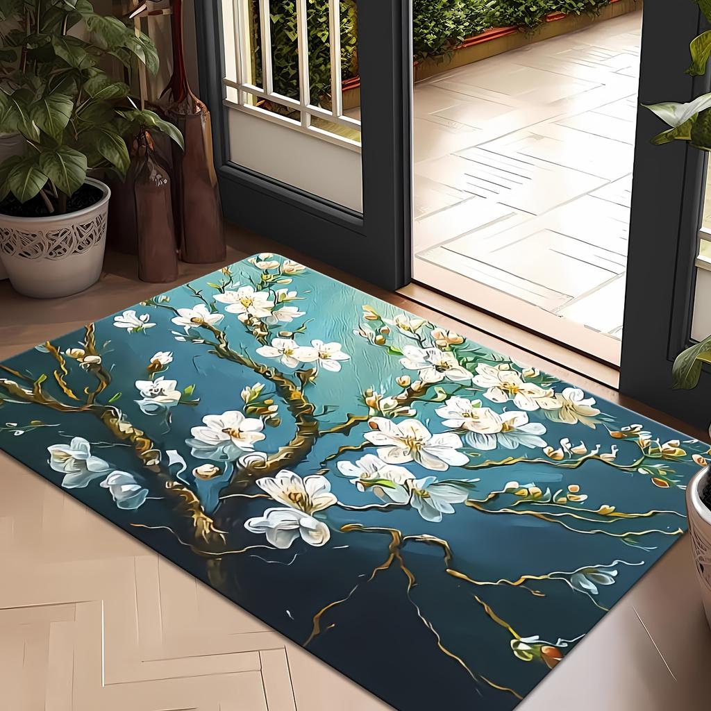 Decorative Floral Area Rug for Living Room Spring Decor Chic White Cherry Blossom Pattern Indoor Hallway Mat Elegant Boho Style