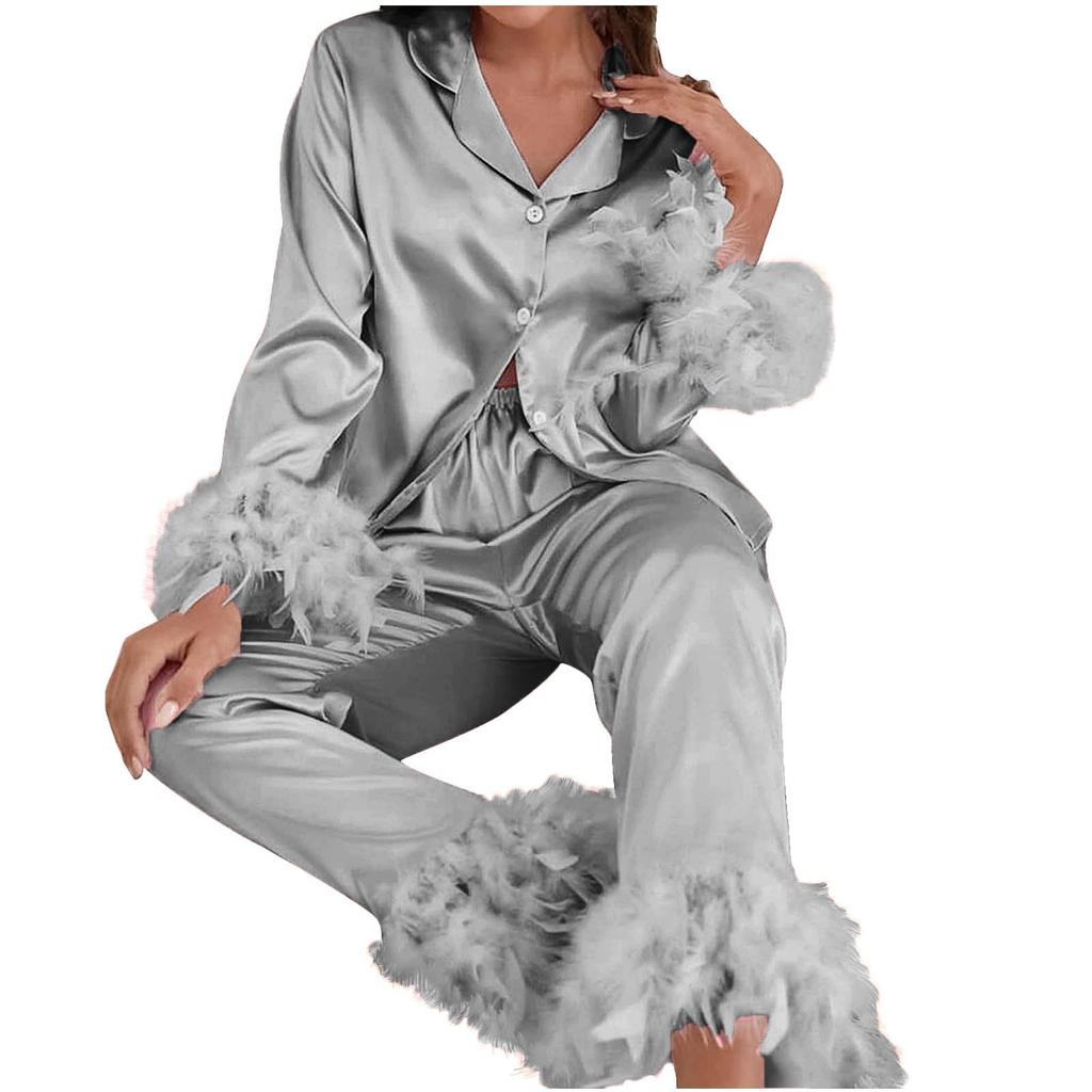 Pysjamassett med trykt for kvinner Mykt todelt Loungewear-sett Langermede topper Lange bukser Matchende pyjamas Natttøy