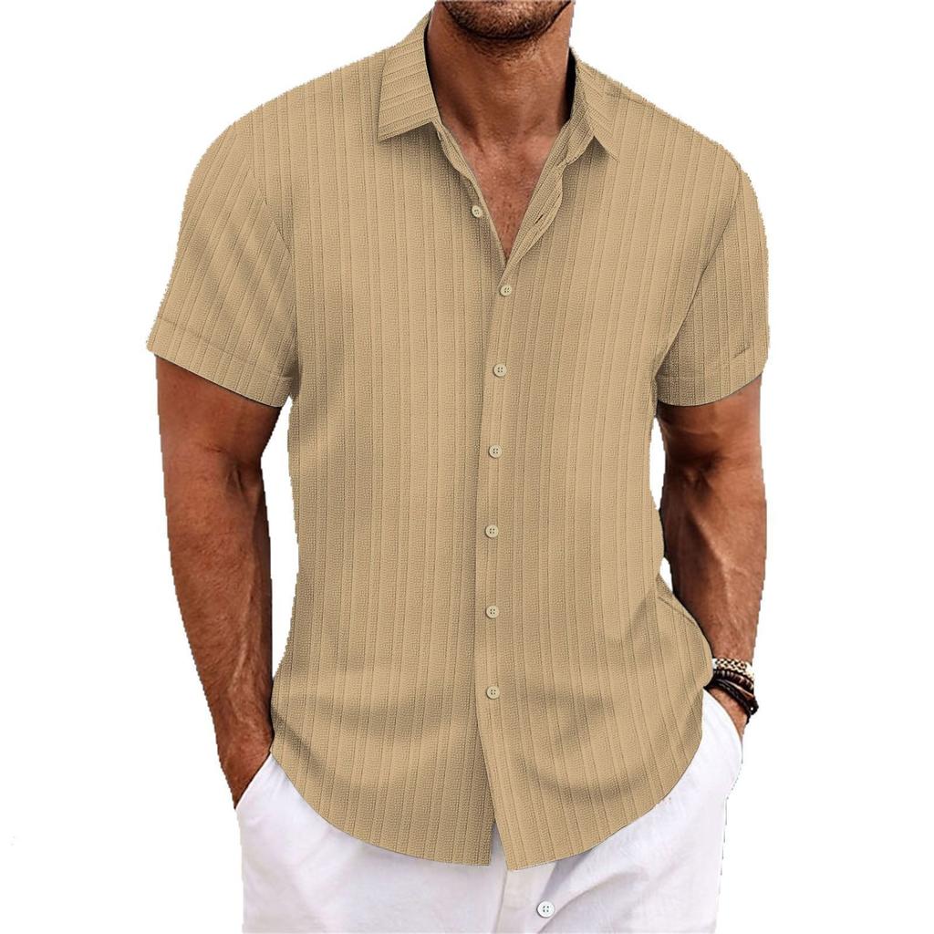 Mens Short Sleeve Casual Jacquard Shirt Breathable Loose Fit Summer