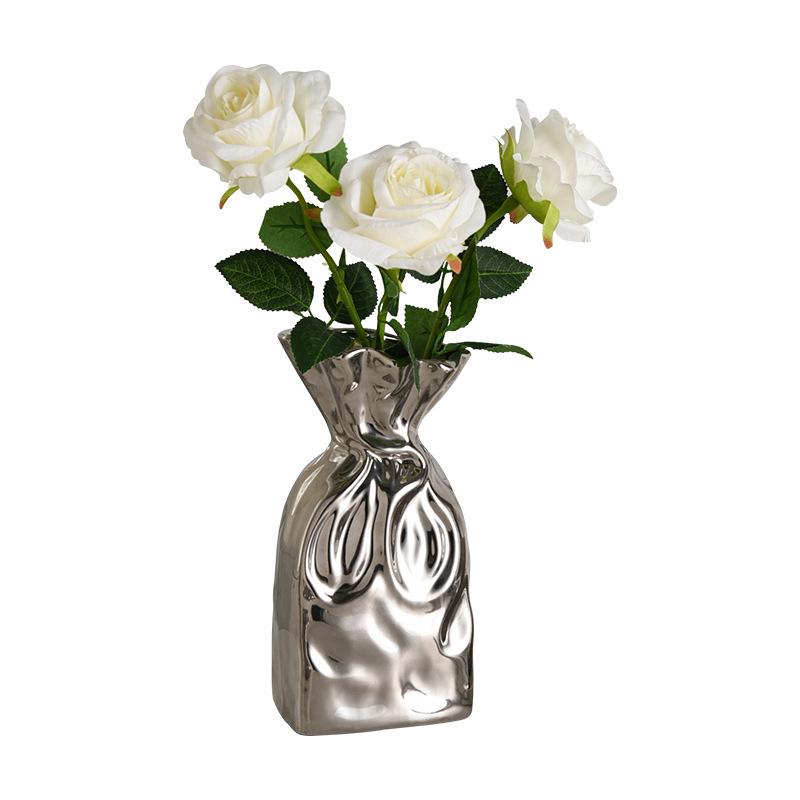 European Ceramic Silver Vase Pleated Bunched Mouth Hydroponic Flower Ware Living Room Dining Table Floral Vase Wedding Ornament