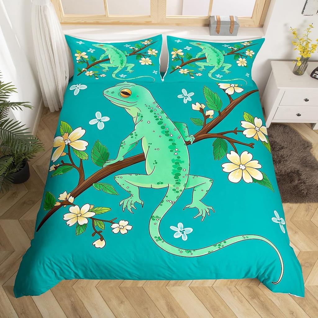 Eidechse Reptilien Bettbezug Geschenk für Jungen Mädchen Lustiges Gecko Bettwäscheset Full Queen Mikrofaser Niedliches Tiermotiv Bettdeckenbezug