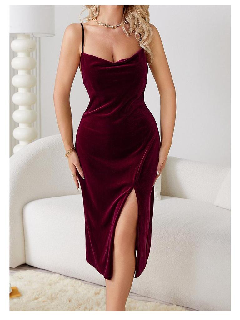 Fiyun Elegant Velvet Nightgown with Sexy Slit and Backless Design - European & American Style Home Set 651