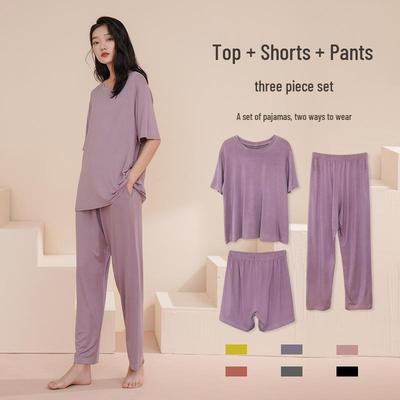 Women's Summer Modal Pajama Set - Short Sleeve, Long Pants, Thin, Plus Size, Chest Pad, Wearable Outdoors, 3-Piece Homewear.