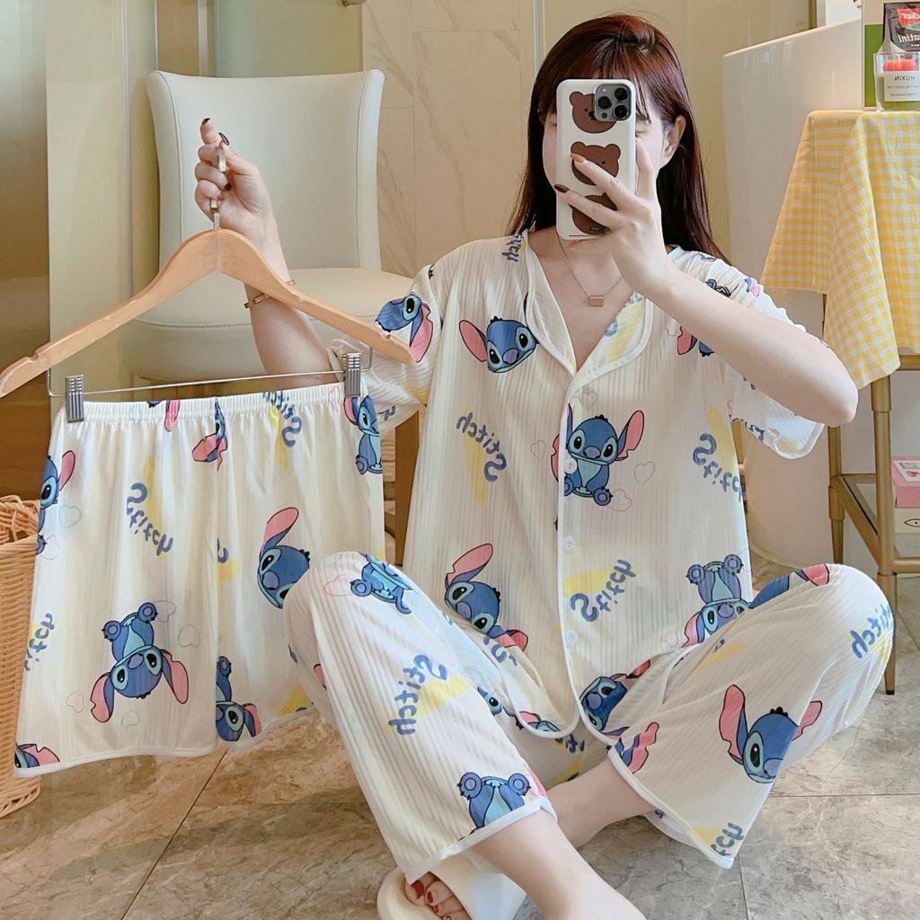 Short-Sleeved Pajamas Three-Piece Korean Version Of Sweet And Cute Cardigan Women'S Loungewear