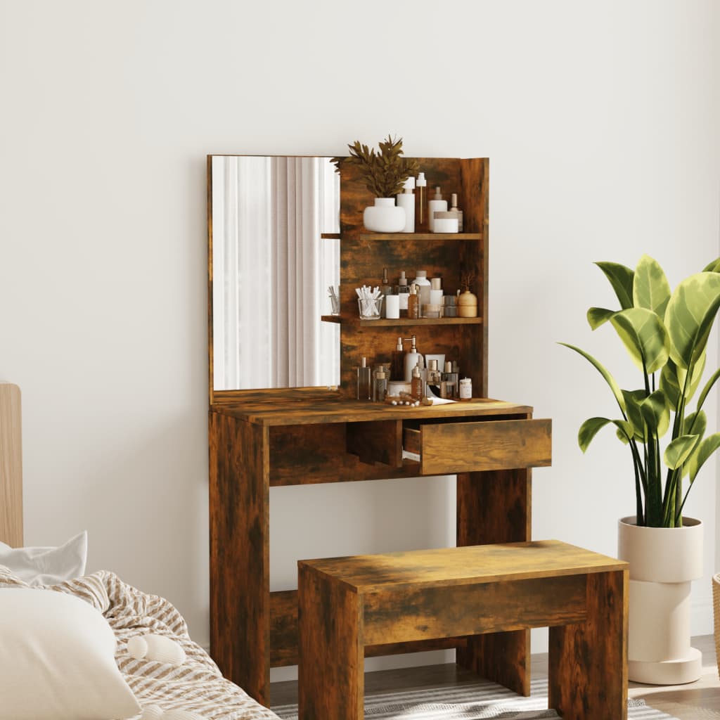 Schminktisch im Schlafzimmer mit Spiegel, Stauraum, 1 Schublade, 3 Ebenen Regale zur Aufbewahrung und Präsentation, 74,5x40x141 cm