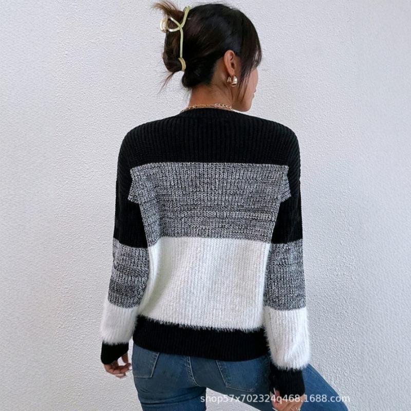 Damen Farbblock Pullover Strickpullover Lässiger Fauler Stil Vielseitiges Tägliches Oberteil