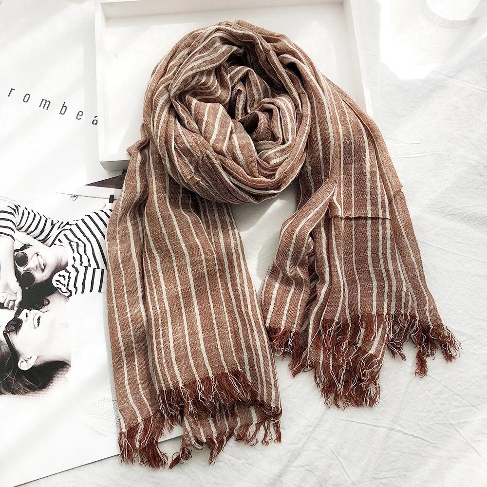 Autumn and Winter Striped Cotton and Linen Scarves for Women Classic Cotton and Linen Casual Silk Scarves for Men New Pleated Literary Retro Shawls