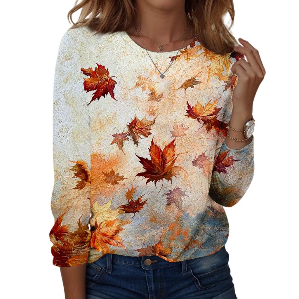 Women's Casual Long Sleeve Leaf Print Neck Blouse