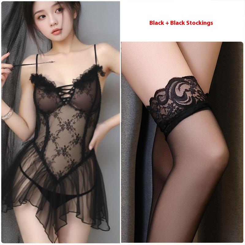 Sexy Lingerie Sexy Lace Mesh Splicing Perspective Dress Deep V Flirting Bed Female Seduction Nightgown Pure Passion