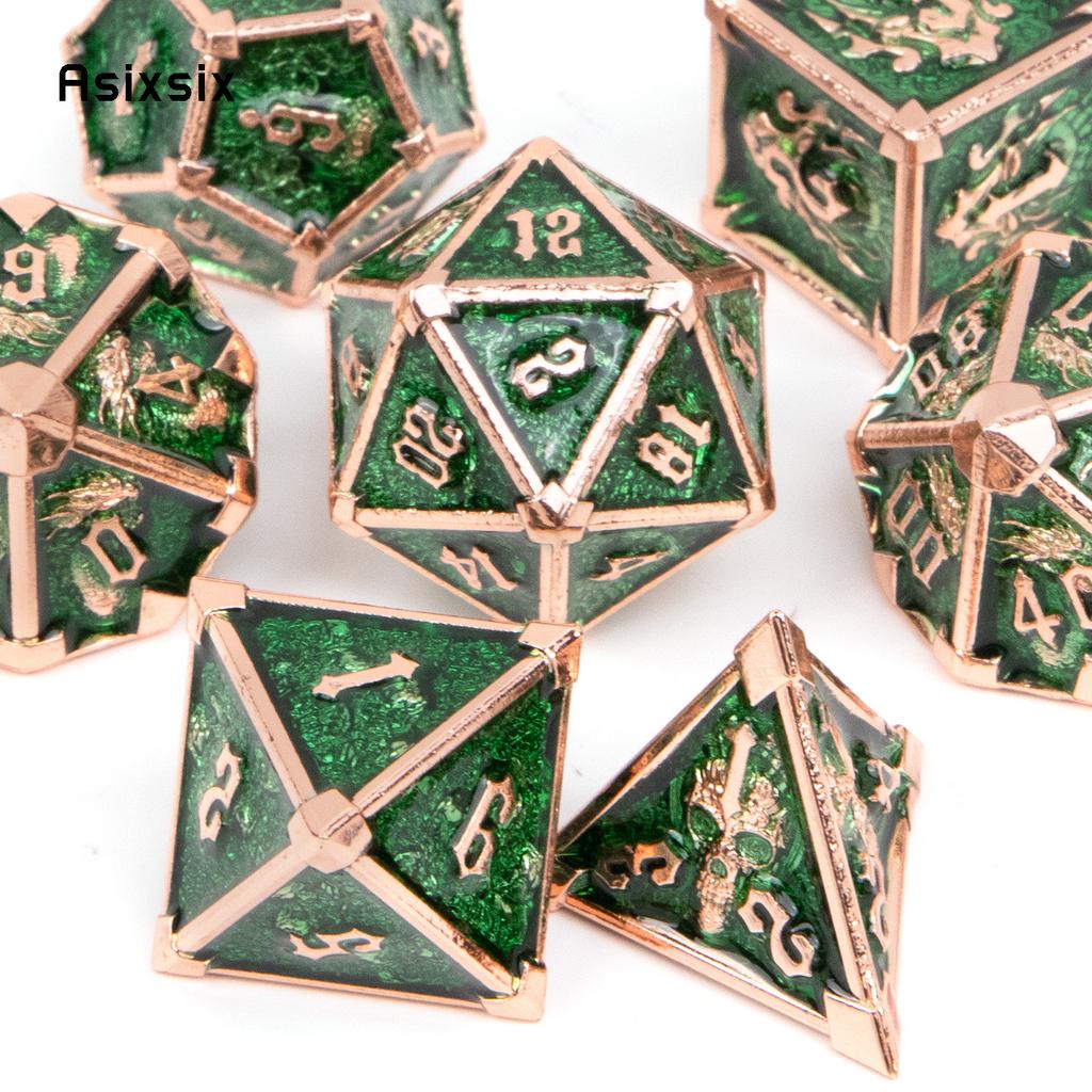 7 Pcs Green Golden Skull Metal Dice Solid Metal Polyhedral Dice Set Suitable for Role-Playing RPG Board Game Card Game