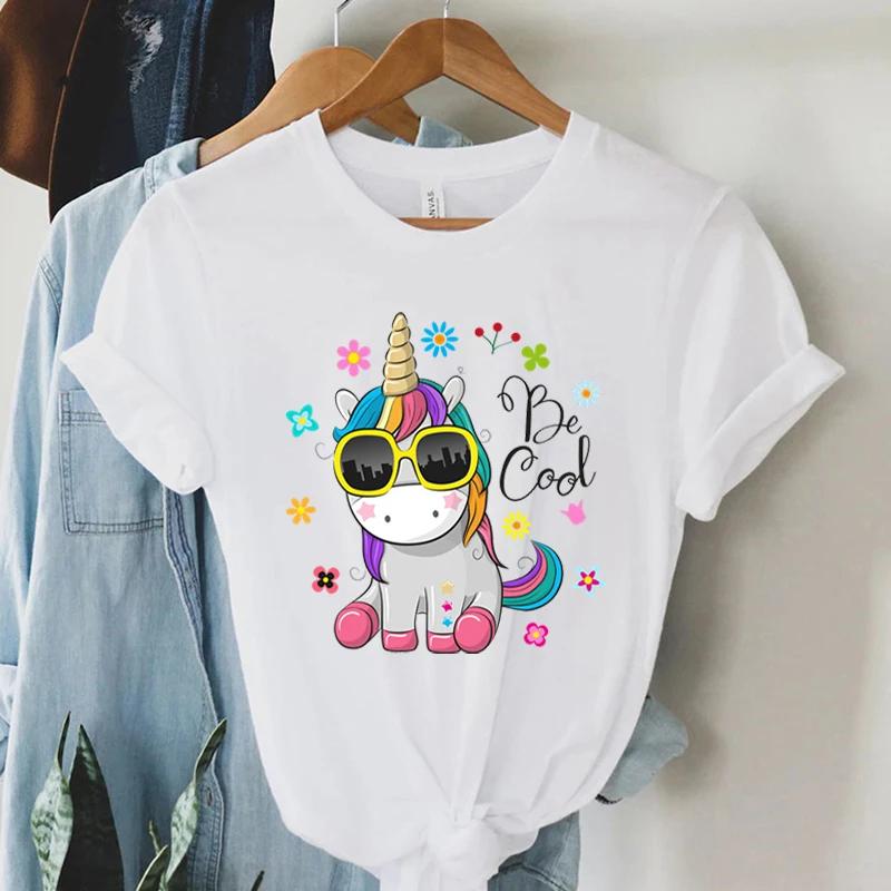 Short Sleeve T Shirt Cool Unicorn Print Women Summer Casual Harajuku Shirt Woman Y2k Aesthetic Graphic Clothes Cartoon Tshirt S