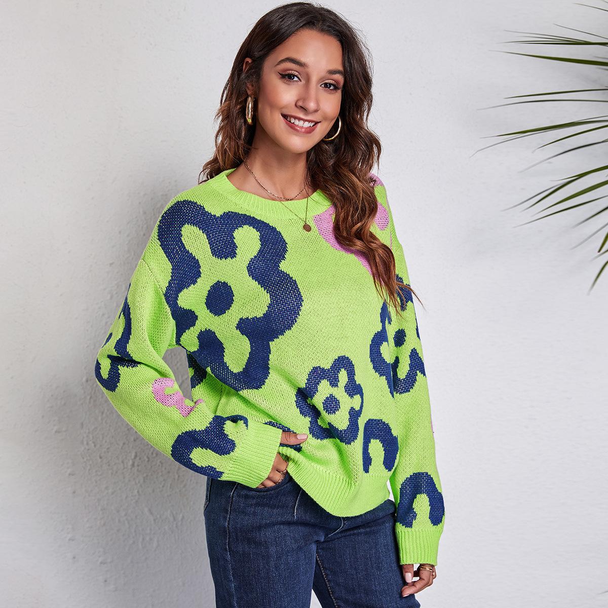 

Пуловер, женский модный повседневный свитер с круглым вырезом и длинным рукавом, осенняя одежда, зимний белый, фиолетовый, женский вязаный свитер с цветами, топ L зелёный