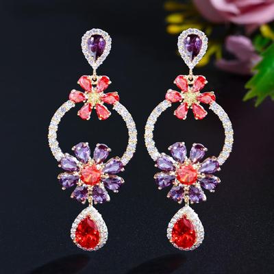 CMM Party Jewelry Golden Color Cubic Zirconia Flower Drop Earrings