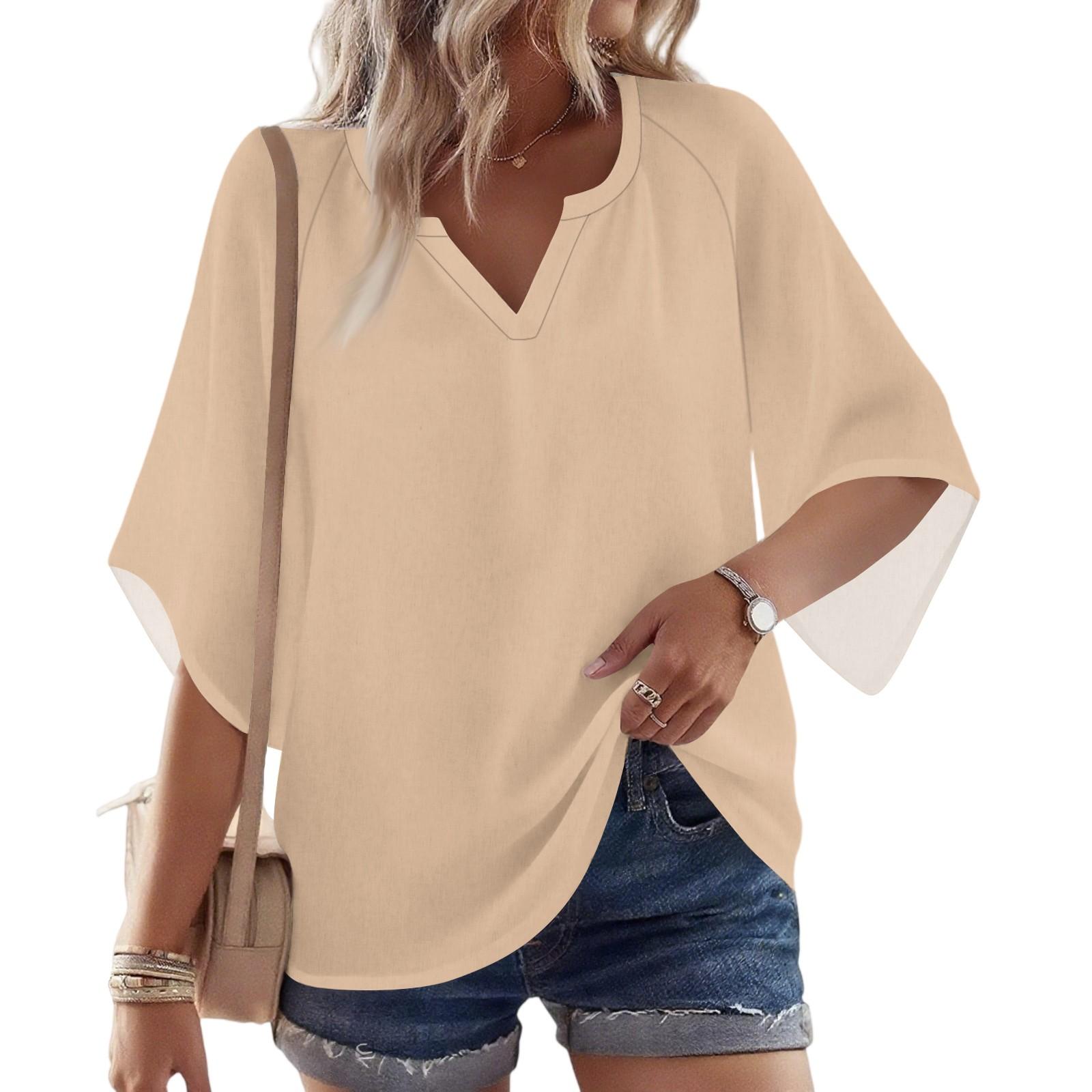 

Women s 3/4 Sleeve V Solid Shirt Casual Loose Tunic Top L бежевий
