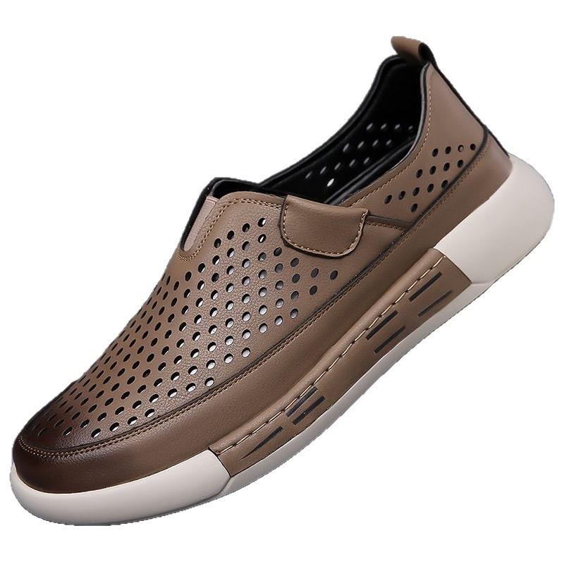 Men's Breathable Leather Slip-On Hollow Casual Sandals