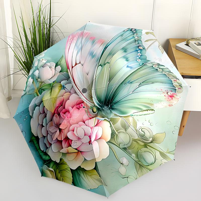 Beautiful Butterfly Automatic Folding Umbrella - Compact 8-Rib Design Durable Lightweight for Outdoor & Daily Use Gift Idea Stylish Accessory