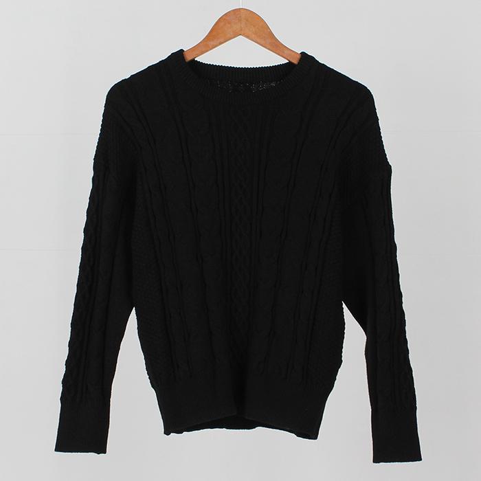 Ppaeppae Round Neck Voluminous Cable Knit Loose Fit Long Sleeve Knit T-Shirt 4 Colors