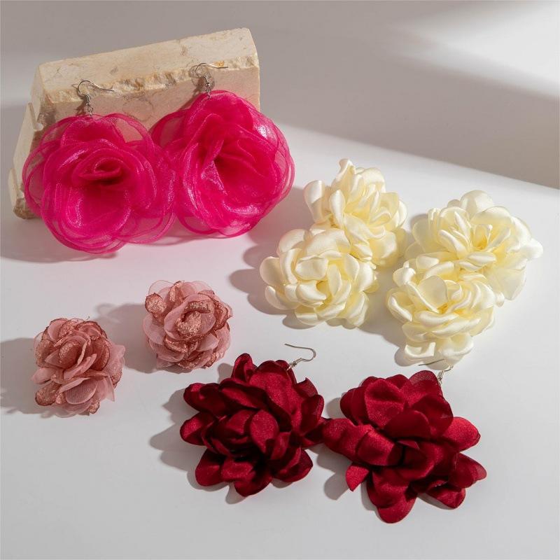 New jewelry, Korean fluffy big flower earrings, premium flannel lace multi-color earrings set.