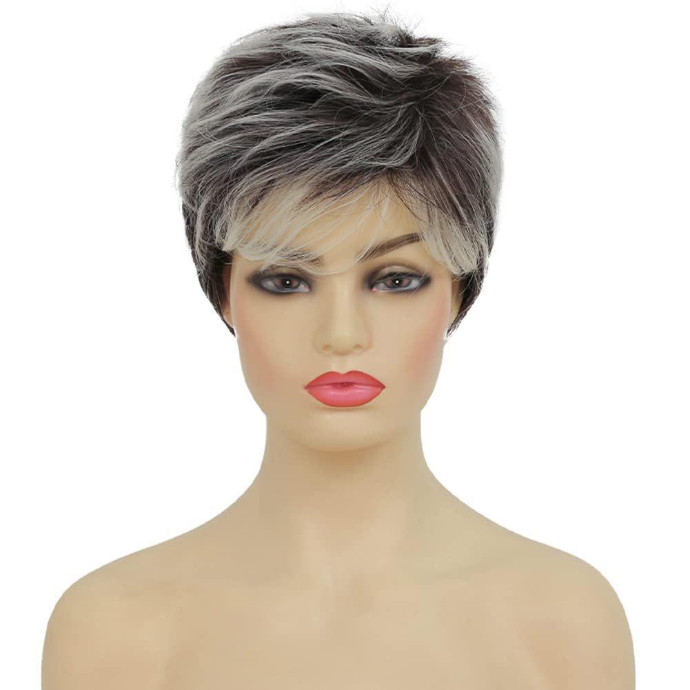 Women Short Natural Wave Wigs with Bangs Stylish Layered Black Gray White Hair for Daily Cosplay Use Heat Resistant Fibre