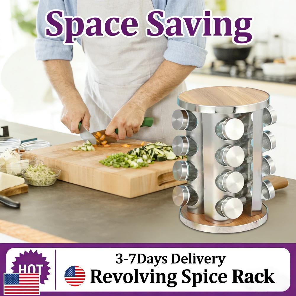 Stainless Steel 360° Rotating Spice Rack 16 Glass Jars 3oz Revolving Seasoning Organizer for Kitchen Countertop Cabinet