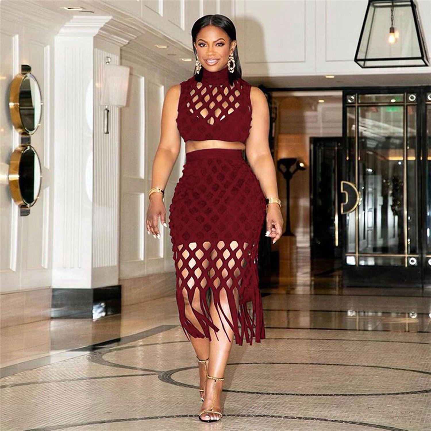 

K9037 Slim Fit Tassel Двухсекционный облегающий костюм для ночного клуба Medium бордовый