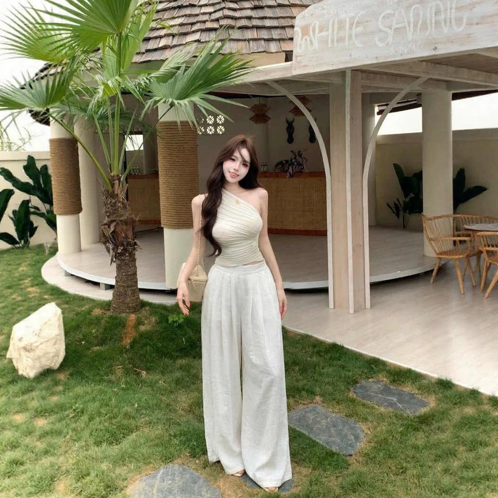 Irregular pink slanted shoulder knitted sling vest women's summer pure desire one-word shoulder tube top Thai beauty