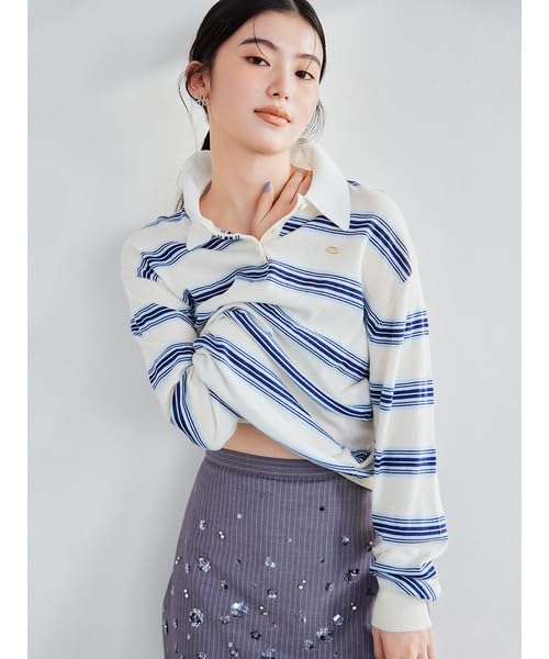 Lily Brown Striped Polo Knit Top LWNT251114 White Women's