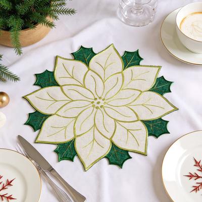 4 Pcs Heat Resistant Decorative Xmas Dining Mat Xmas Embroidery Holly Leaf Placemat for Holiday Gatherings & Home Decor