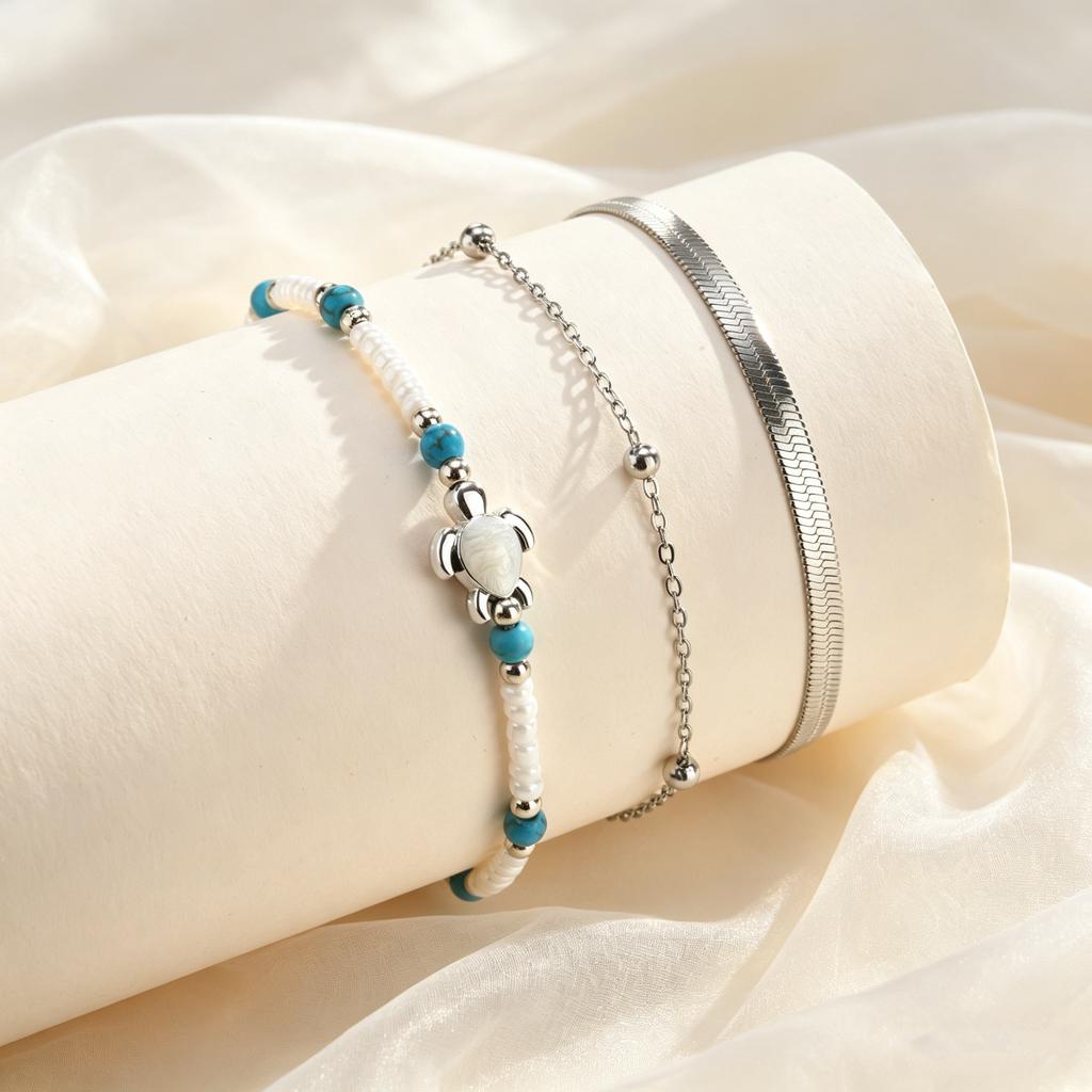 Set di cavigliere con catena blu e perline a forma di tartaruga marina stile Boho per donna, Cavigliera in acciaio inossidabile color argento, Gioielli alla moda per il piede