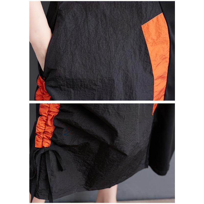 Summer New Loose Casual Embroidered Dress Color Block Hem Drawstring Slimming Women's Fashionable Artistic Clothing Dress