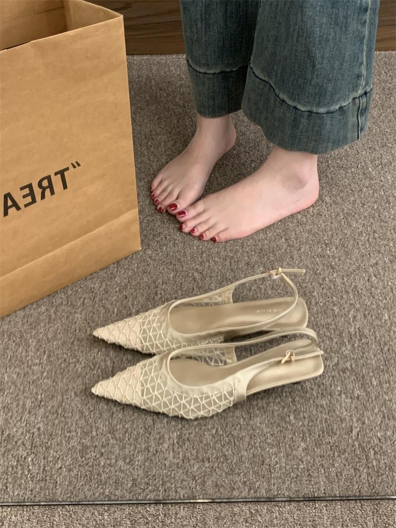 

тонкий каблук дышащая сетка сумка голова сандалии женские летние новые обувь-рыболовная сеть полые остроносые сандалии женские 40 бежевый