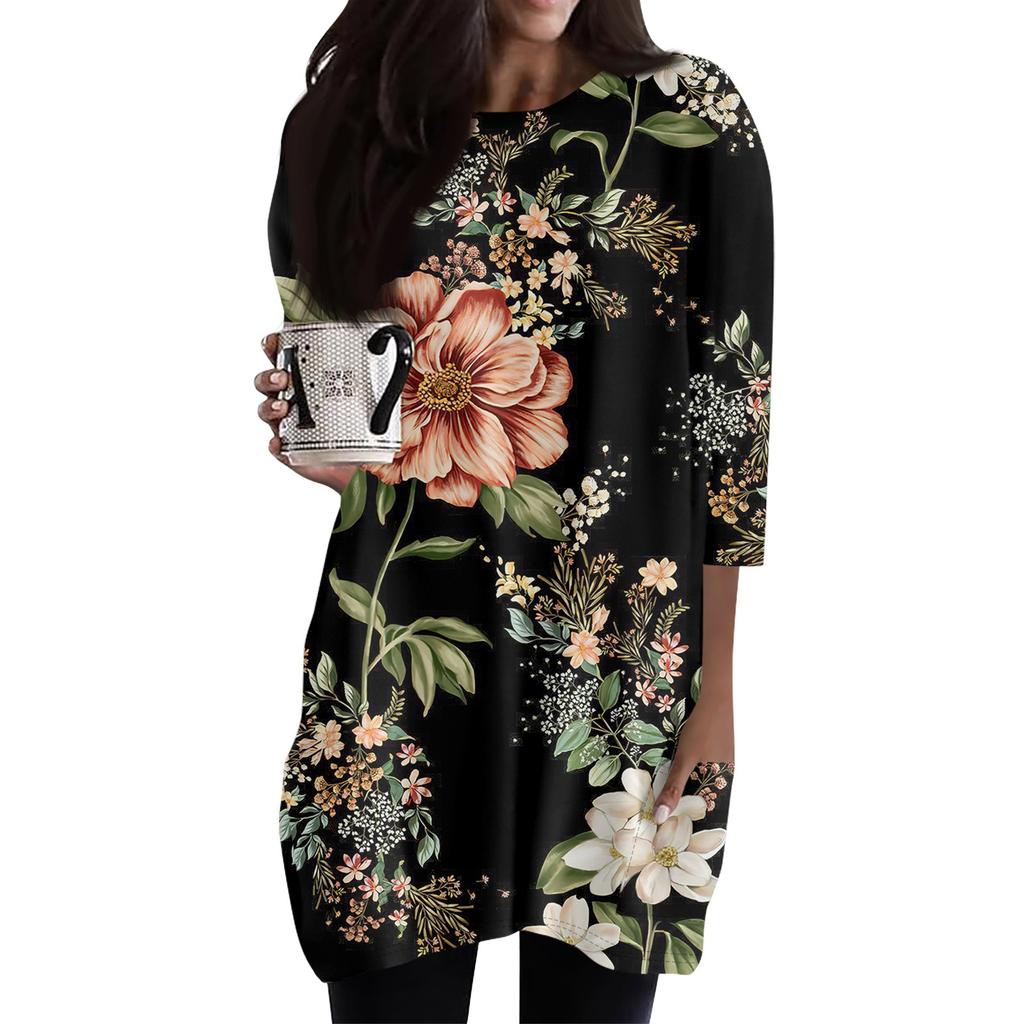 Women's Fashion Casual 3/4 Sleeve Print Round Neck Double Pocket T-Shirt Top