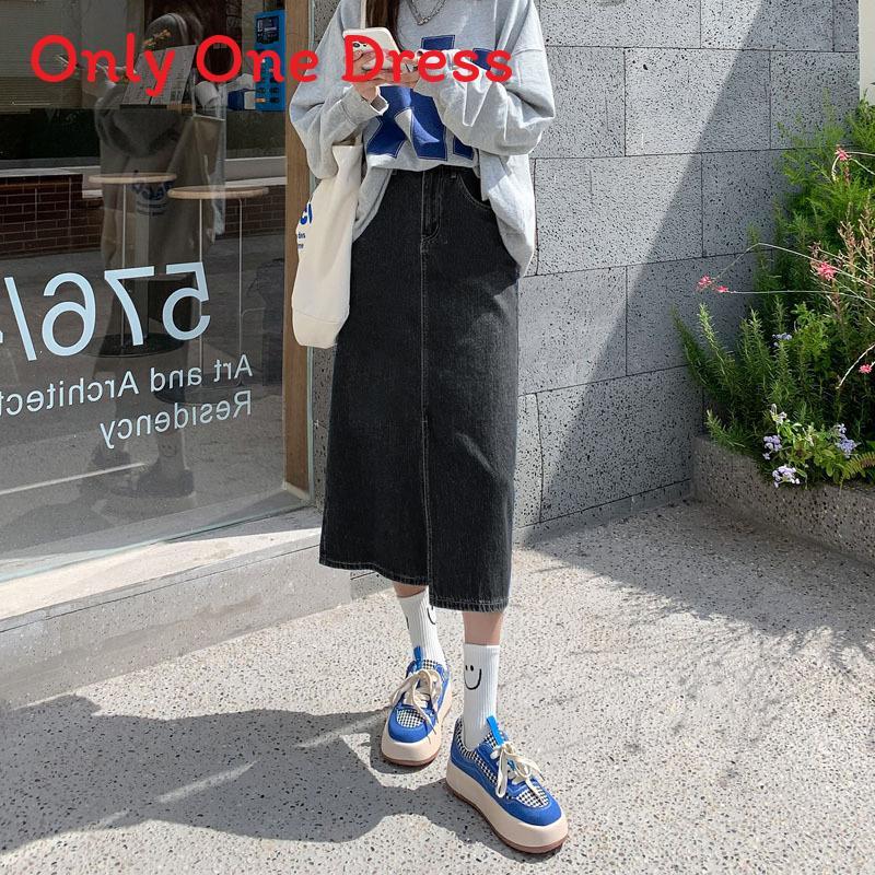 Denim Skirt Waterwash A Line Midi Skirt With Side Slit For Casual Women