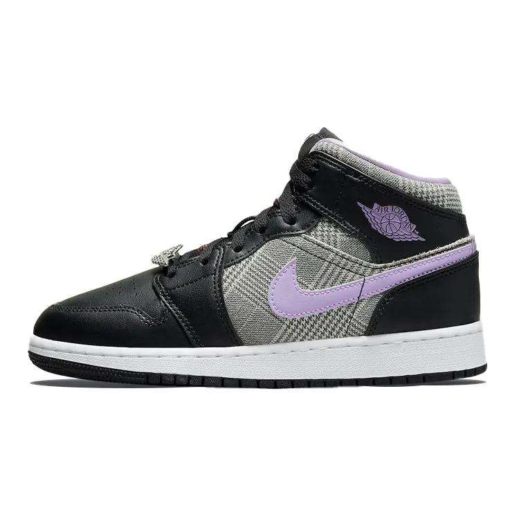 Air Jordan 1 Mid SE Grade School 'Houndstooth' (Unisex) Black / Lilac / White / Metallic Silver Kids' Basketball Shoes DC7226 015