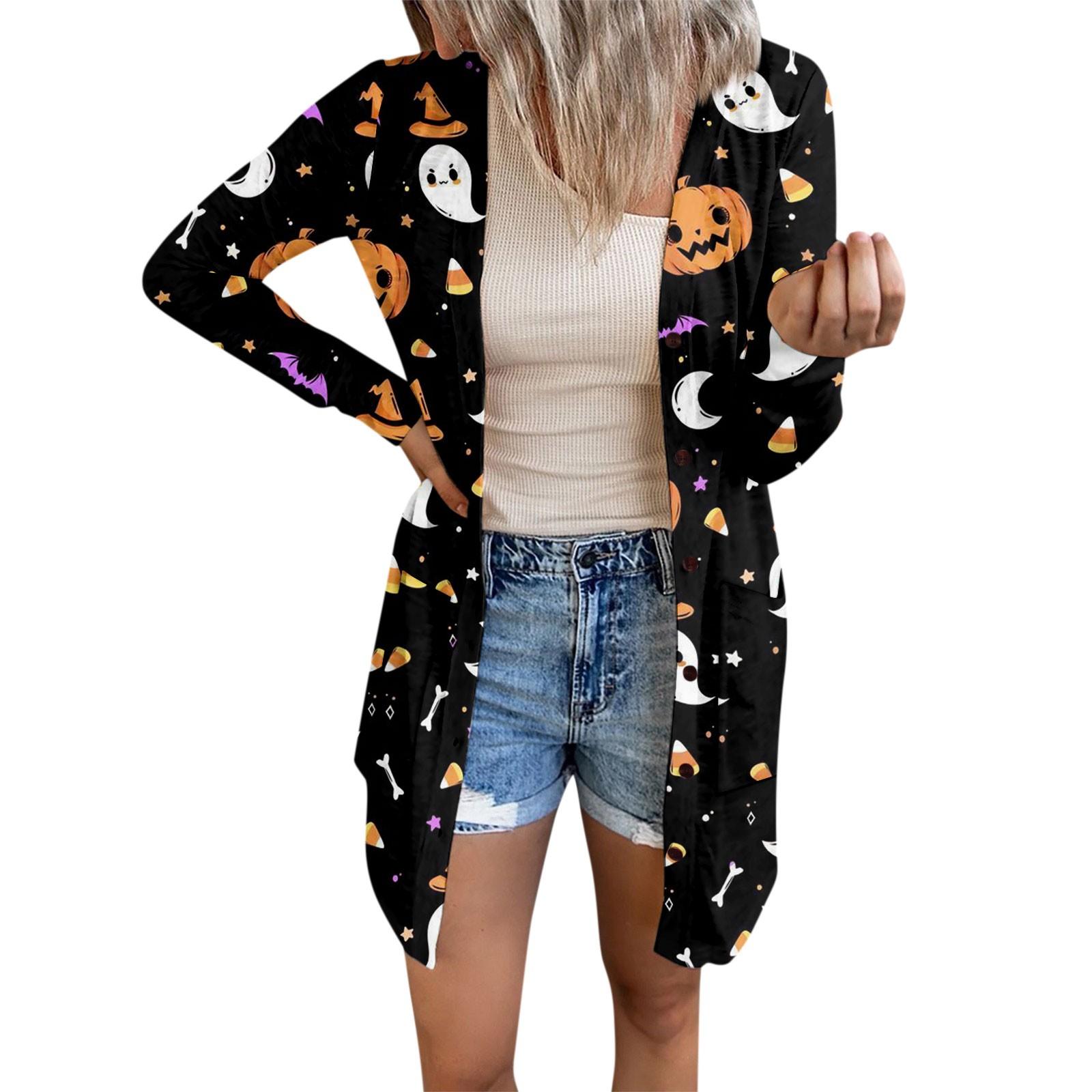 Women s Casual Cardigan Halloween Printed Long Sleeve Top With Pockets M золотой