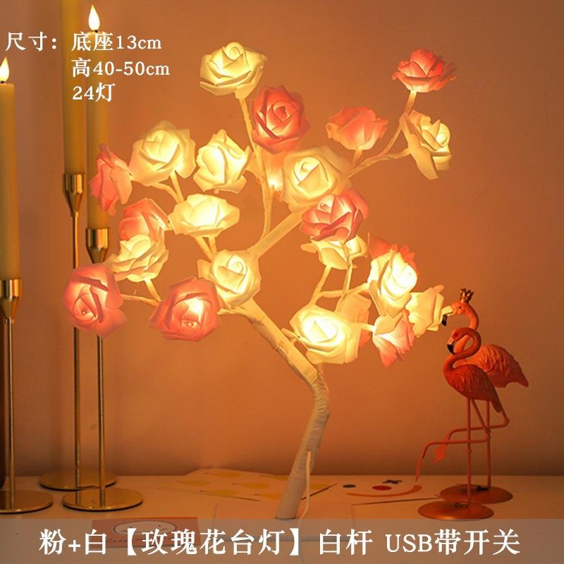 24 LED Red Rose Tree Lights USB Table Lamp Fairy Flower Night Light for Home Party Christmas Wedding Bedroom Decoration Gift