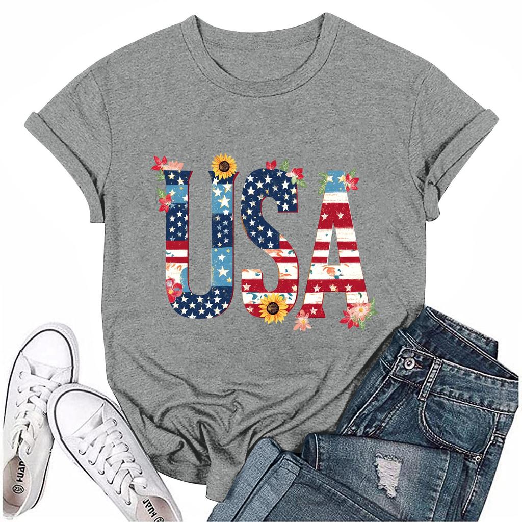 Dámské ležérní tričko s krátkým rukávem a potiskem ke Dni nezávislosti s kulatým výstřihem