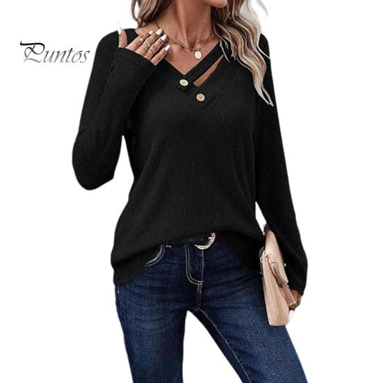 

Женские топы с V-образным вырезом, длинным рукавом, ребристым трикотажным топом с пуговицами, однотонная свободная крой, эластичная осенняя рубашка, повседневная офисная одежда M чёрный