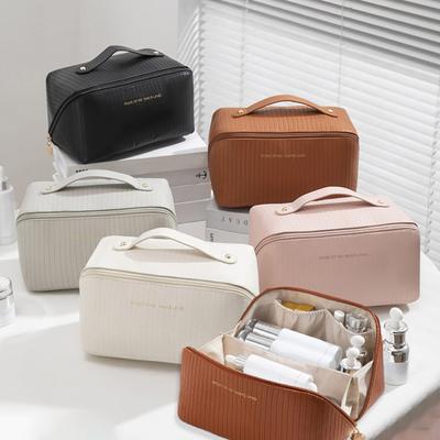 Borsa da toilette da viaggio in ecopelle impermeabile, multiscomparto di grande capacità con custodia per cosmetici con manico