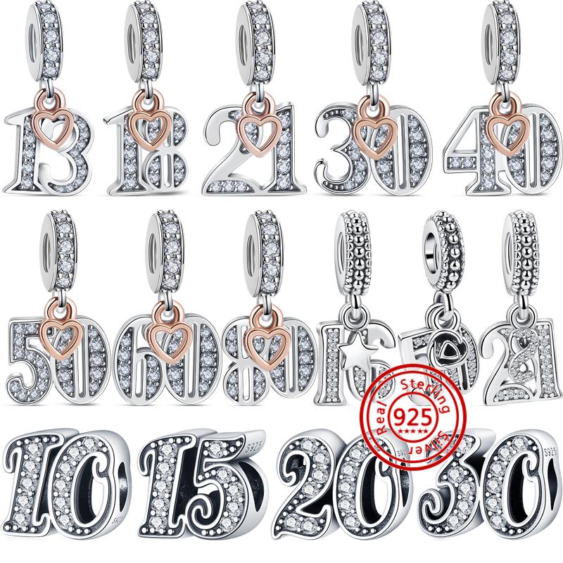

Стерлингового серебра S925, фигурка, арабская цифра 16, 18, 20, 30, 40, 50-летие, бусины, подходят оригинальные подвески, браслет, ювелирные украшения
