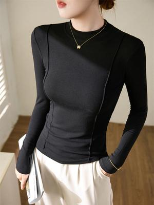 T-shirt da donna autunno/inverno 2025 ad alta elasticità a collo semi-alto e maniche lunghe - Design avanzato e delicato sulla pelle