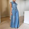 Elegant Women's Sleeveless Washed Denim Jumpsuit with Wide-Leg Pants