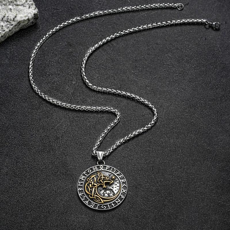 Norse Mythology Wolf Necklace Men Stainless Steel Viking Runes Amulet Pendant Vintage Jewelry Accessory